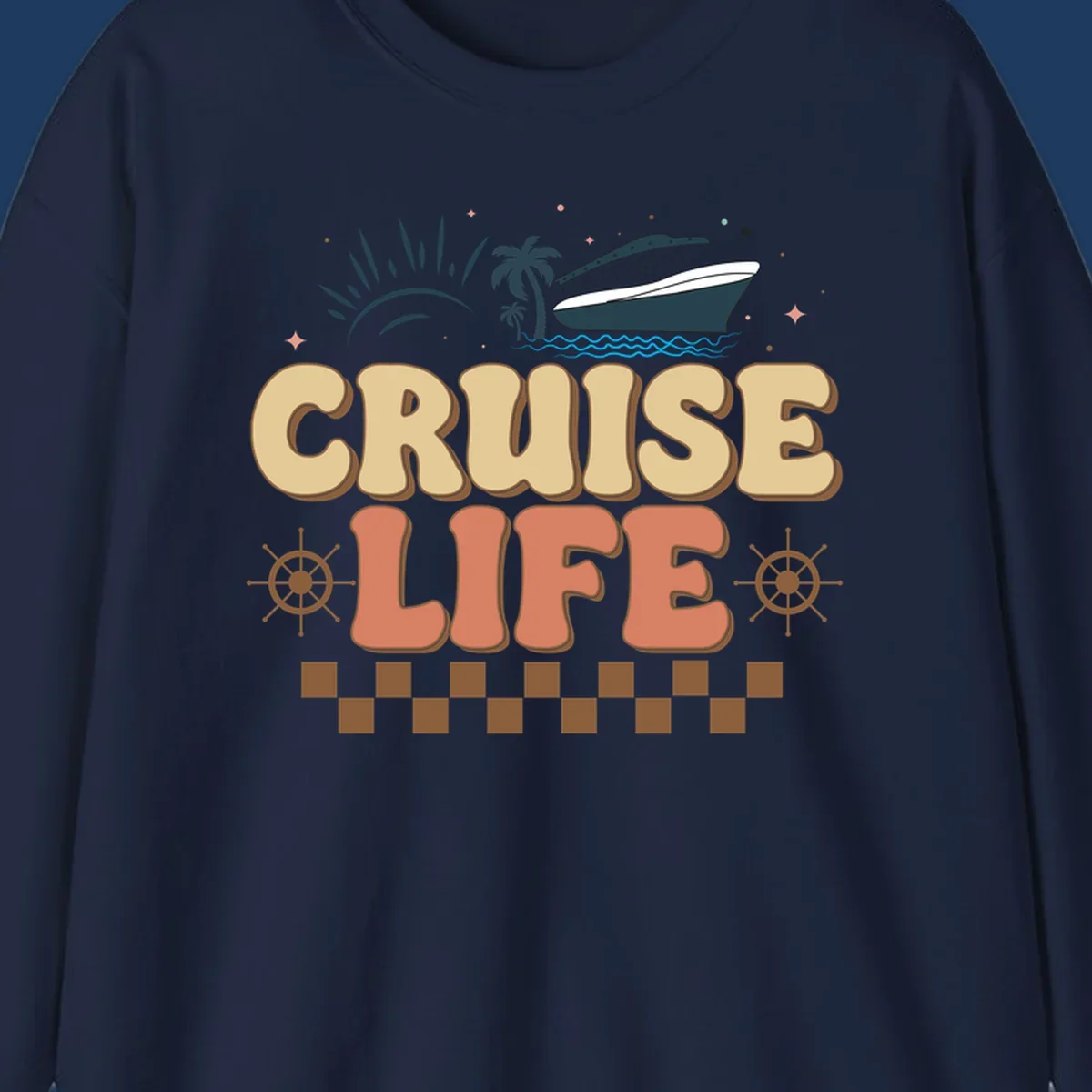 Retro-style cruise life design with ship, sun, palm trees, and ocean waves on gray background