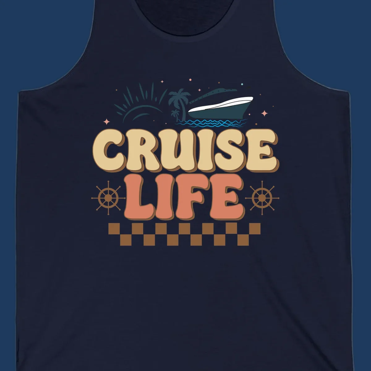 Retro-style cruise life design with ship, sun, palm trees, and ocean waves on gray background