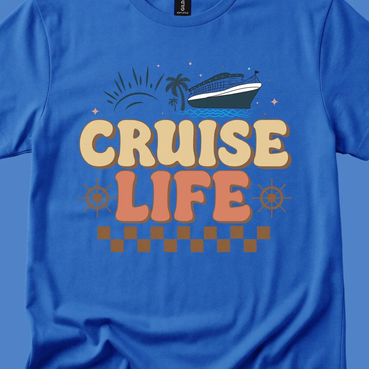 Retro-style cruise life design with ship, sun, palm trees, and ocean waves on gray background