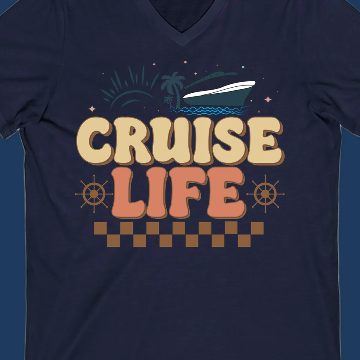 Retro-style cruise life design with ship, sun, palm trees, and ocean waves on gray background