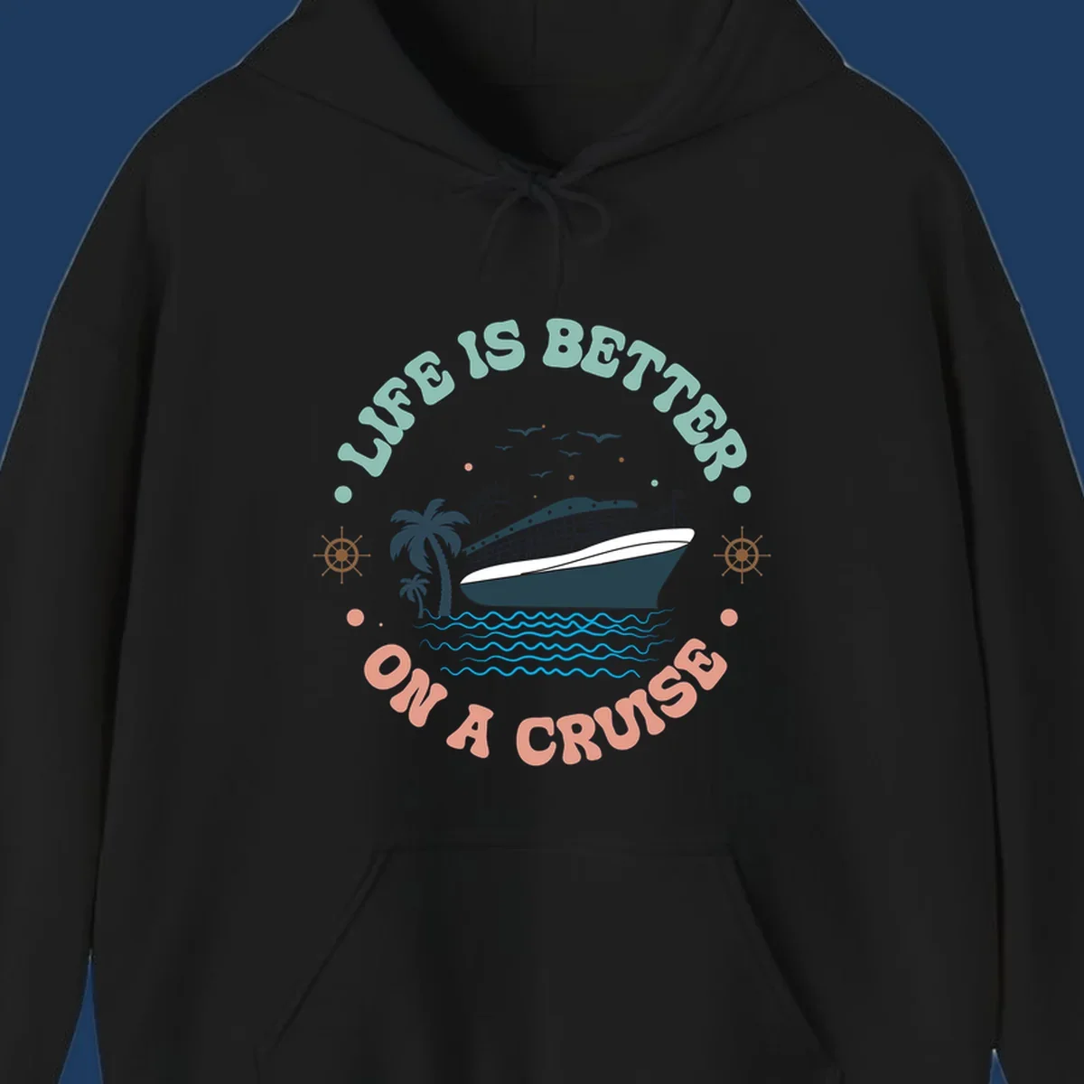 Illustrated cruise ship with palm trees and ocean waves, text reading 'Life Is Better On A Cruise' in teal and coral lettering