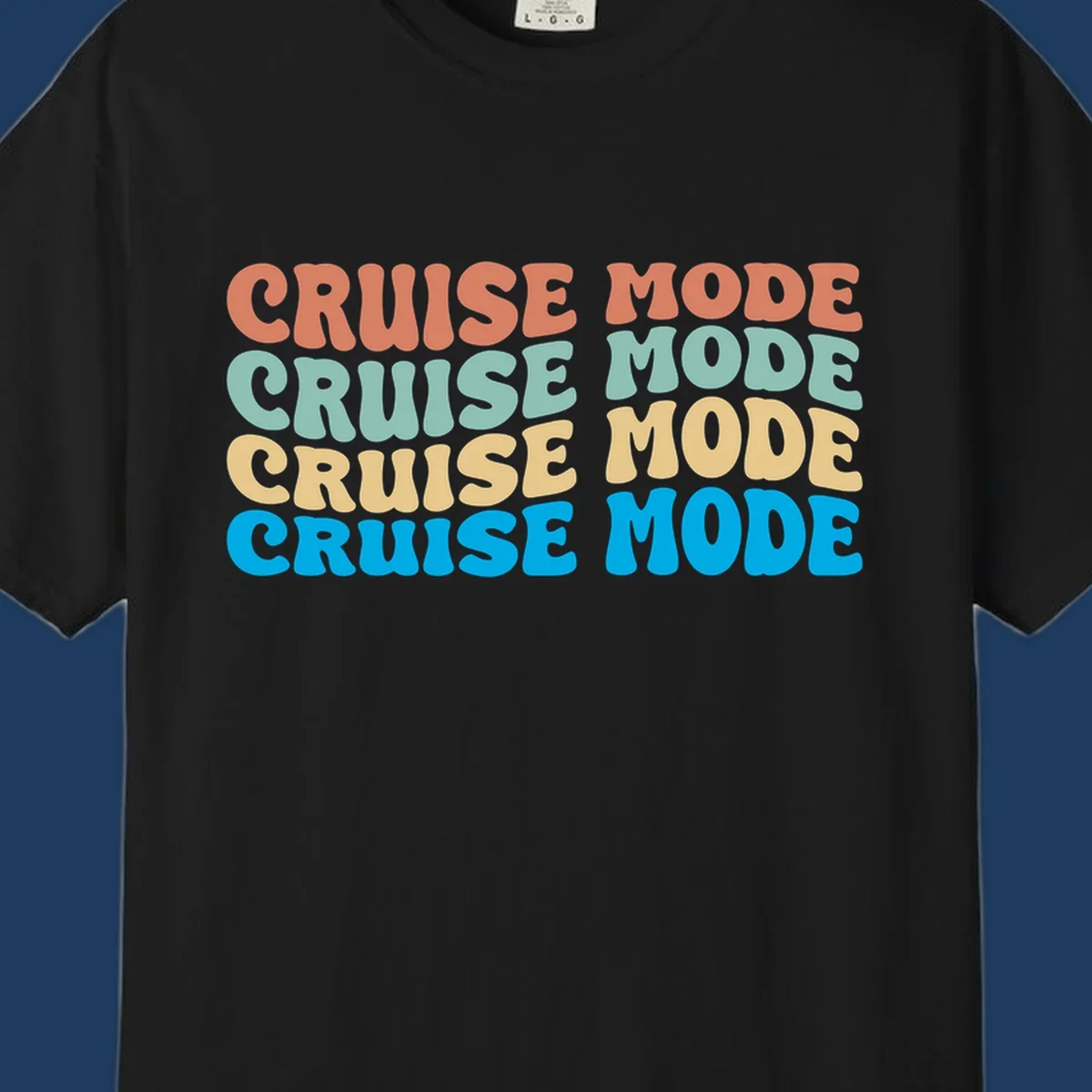 Cruise mode repeat design with colorful stacked text in coral, mint, yellow, and blue on gray background