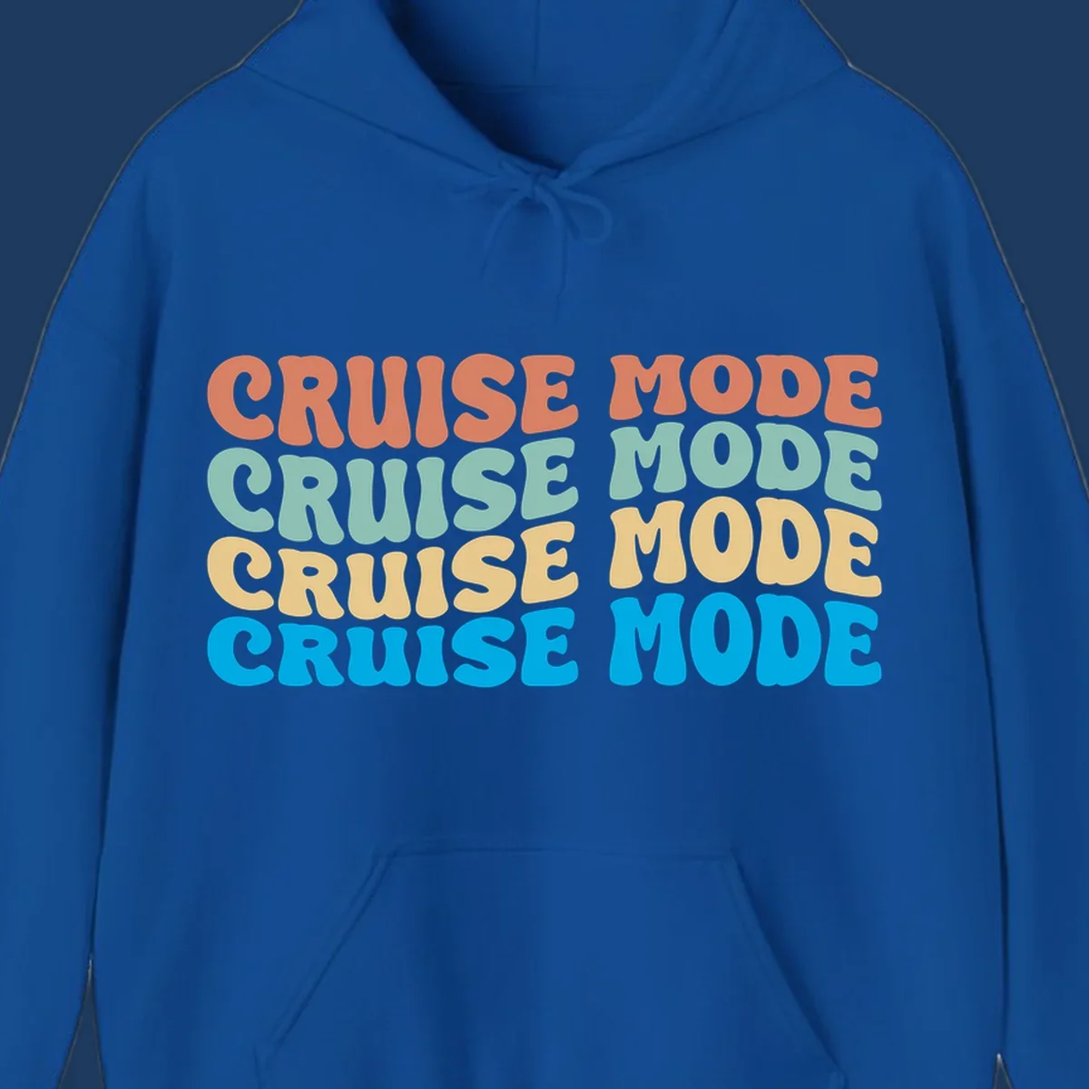 Cruise mode repeat design with colorful stacked text in coral, mint, yellow, and blue on gray background