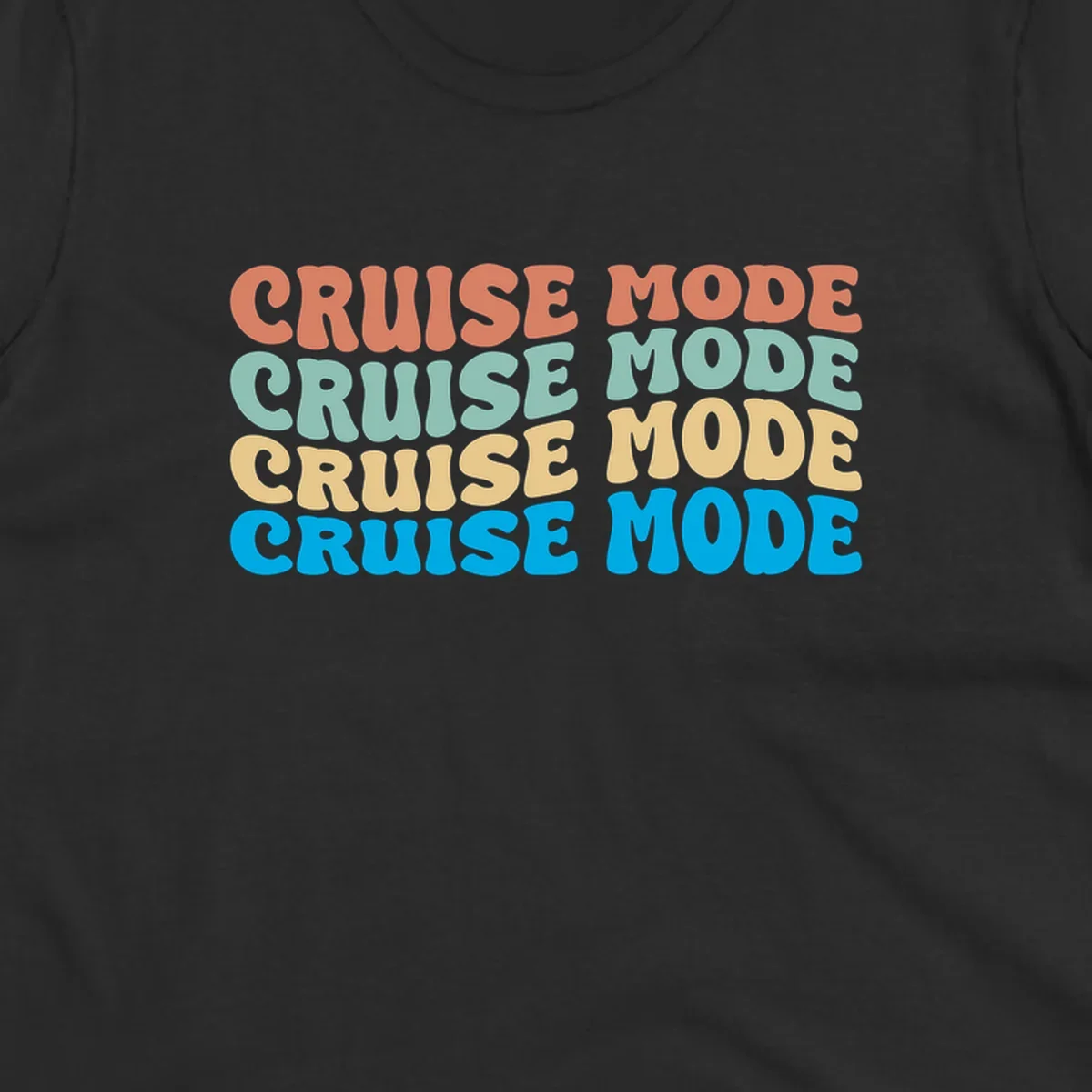 Cruise mode repeat design with colorful stacked text in coral, mint, yellow, and blue on gray background