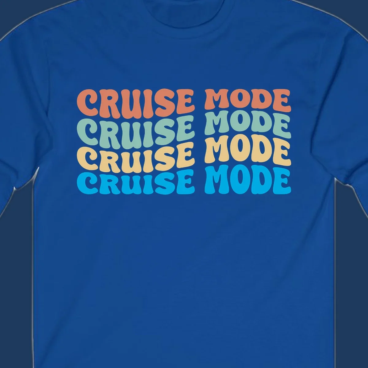 Cruise mode repeat design with colorful stacked text in coral, mint, yellow, and blue on gray background