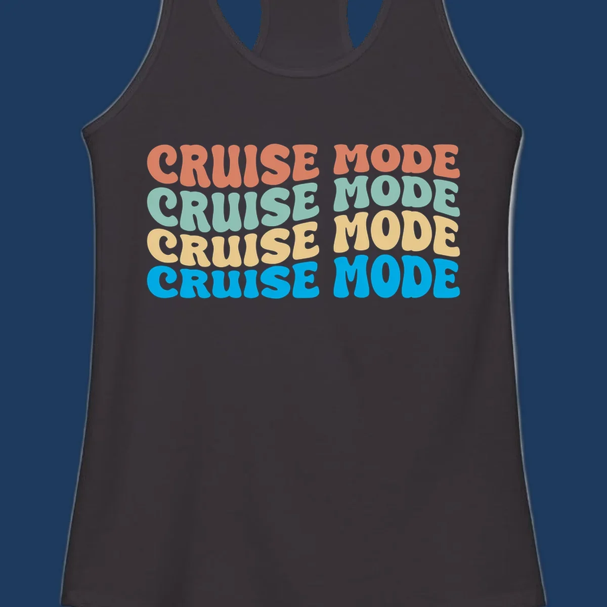 Cruise mode repeat design with colorful stacked text in coral, mint, yellow, and blue on gray background
