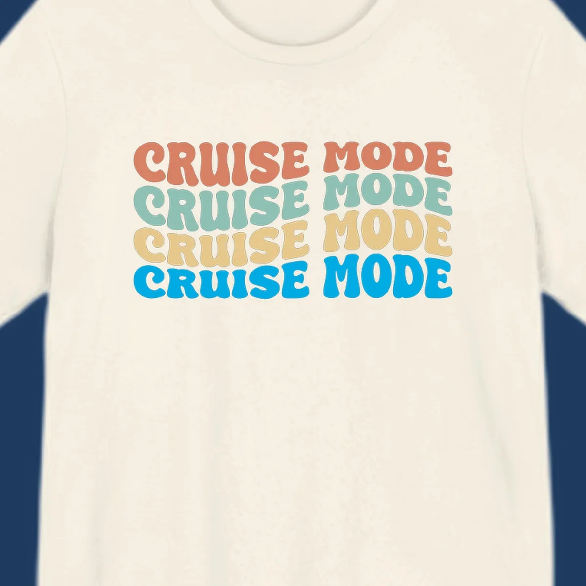 Cruise mode repeat design with colorful stacked text in coral, mint, yellow, and blue on gray background