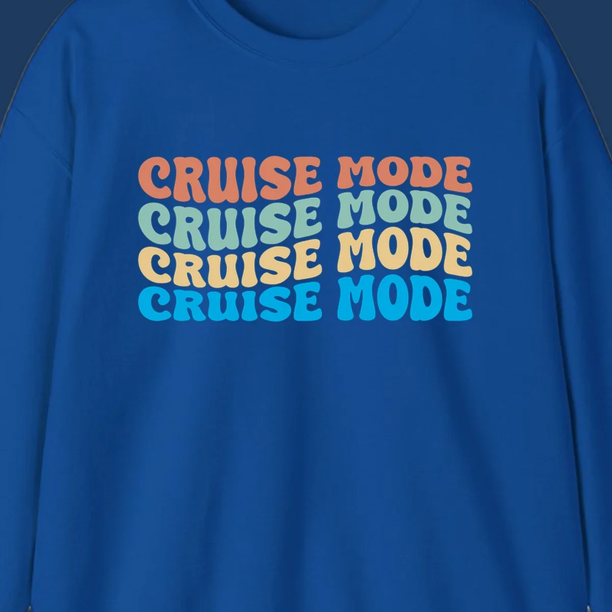 Cruise mode repeat design with colorful stacked text in coral, mint, yellow, and blue on gray background