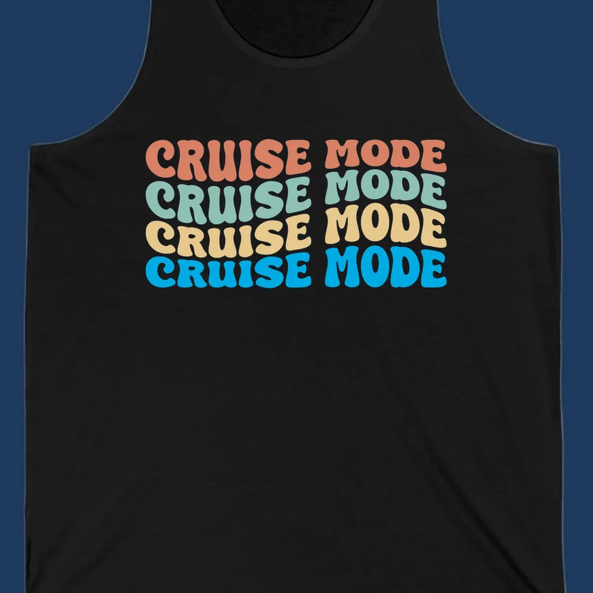 Cruise mode repeat design with colorful stacked text in coral, mint, yellow, and blue on gray background