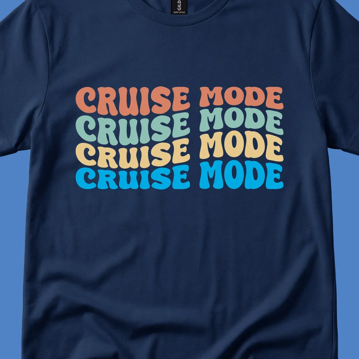 Cruise mode repeat design with colorful stacked text in coral, mint, yellow, and blue on gray background
