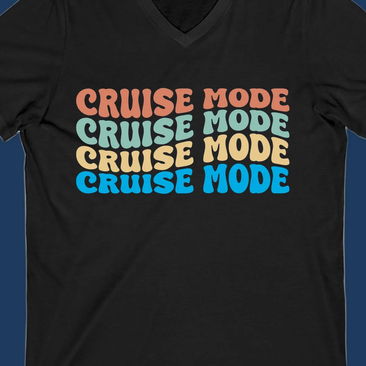 Cruise mode repeat design with colorful stacked text in coral, mint, yellow, and blue on gray background