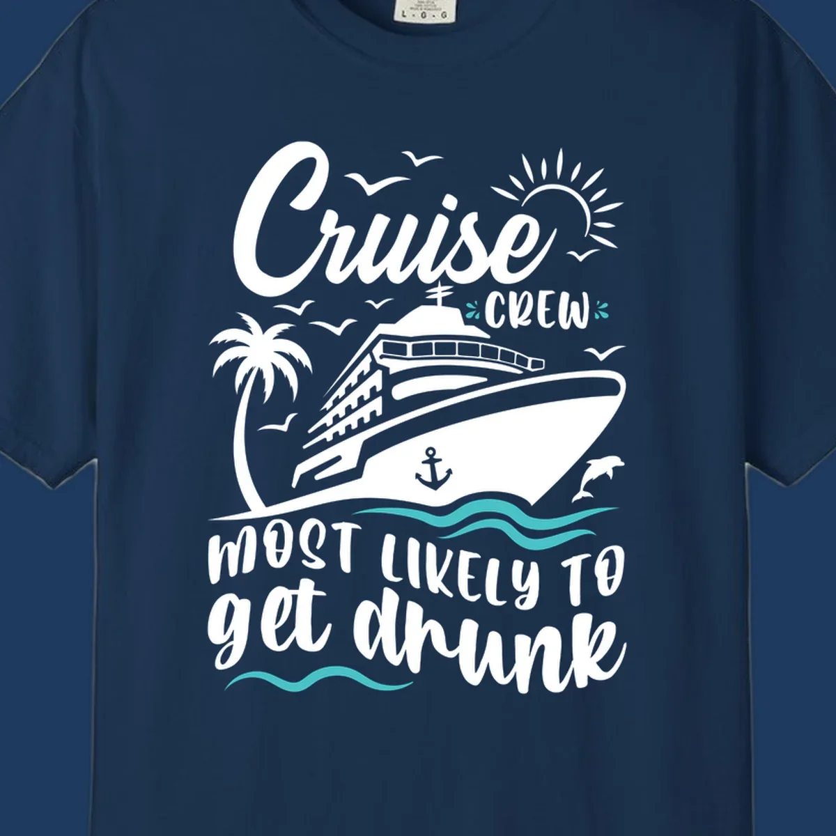 Cruise crew most likely design with ship, palm tree, sun, and ocean waves on gray background with white and teal text