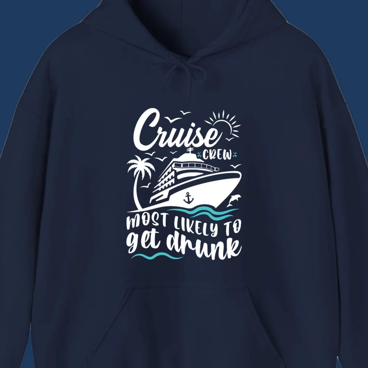 Cruise crew most likely design with ship, palm tree, sun, and ocean waves on gray background with white and teal text