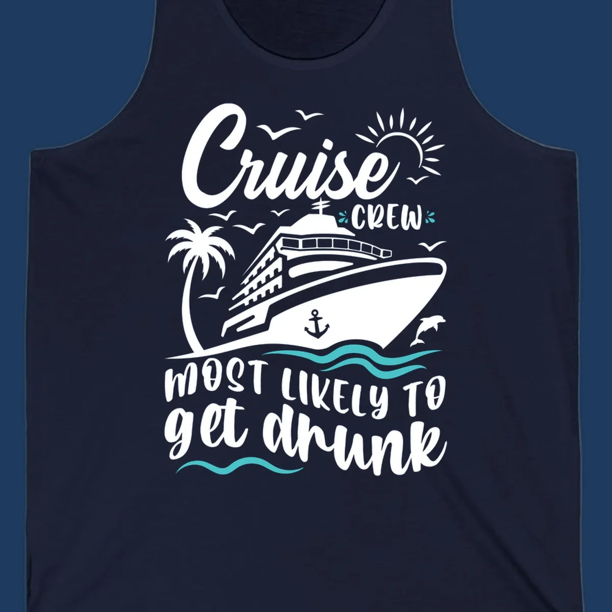Cruise crew most likely design with ship, palm tree, sun, and ocean waves on gray background with white and teal text
