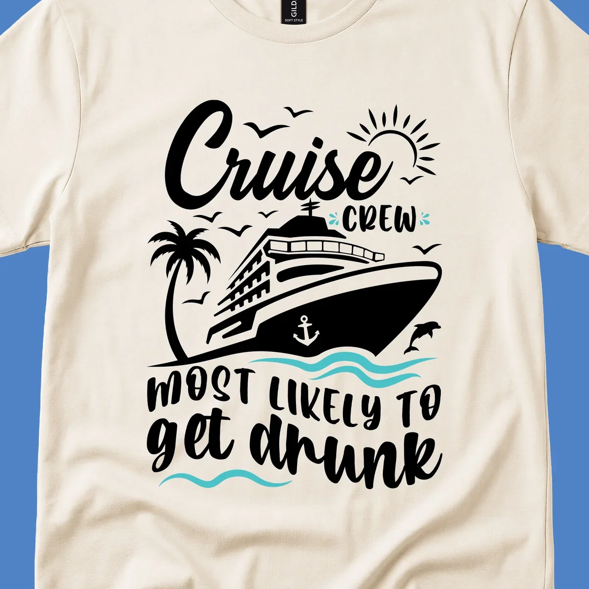 Cruise crew most likely design with ship, palm tree, sun, and ocean waves on gray background with white and teal text