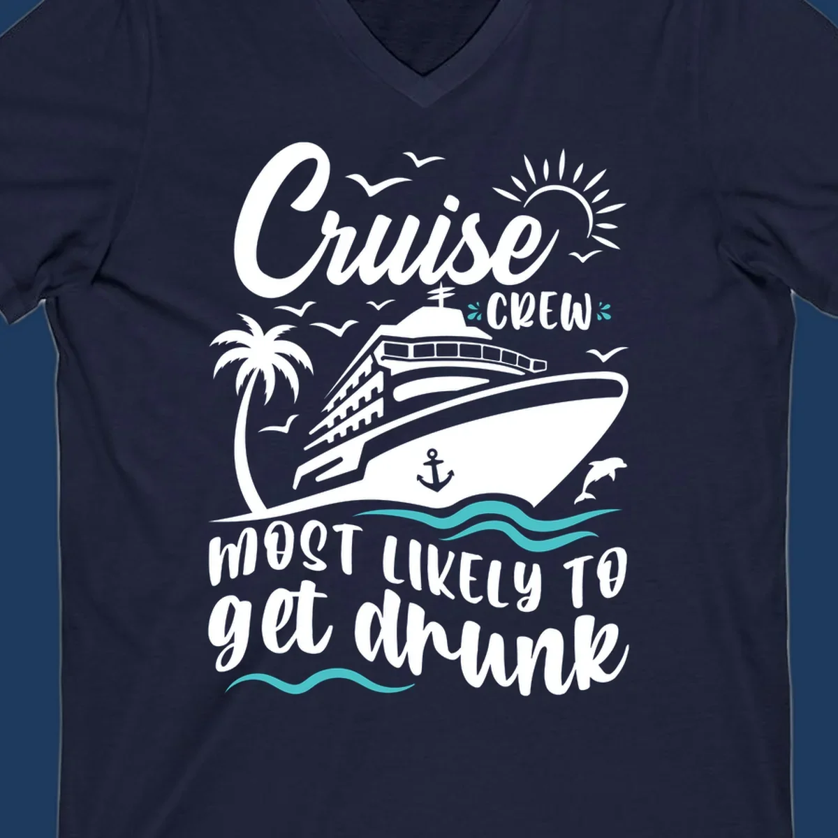 Cruise crew most likely design with ship, palm tree, sun, and ocean waves on gray background with white and teal text