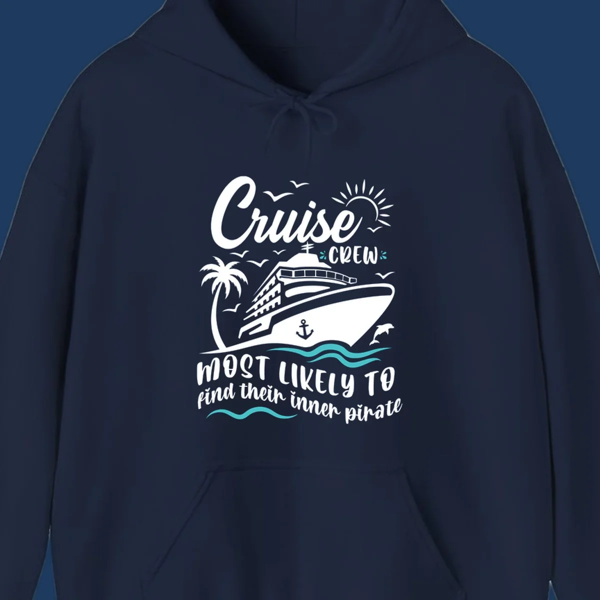 Cruise crew inner pirate design with ship, ocean waves, palm tree, and playful nautical text on gray background