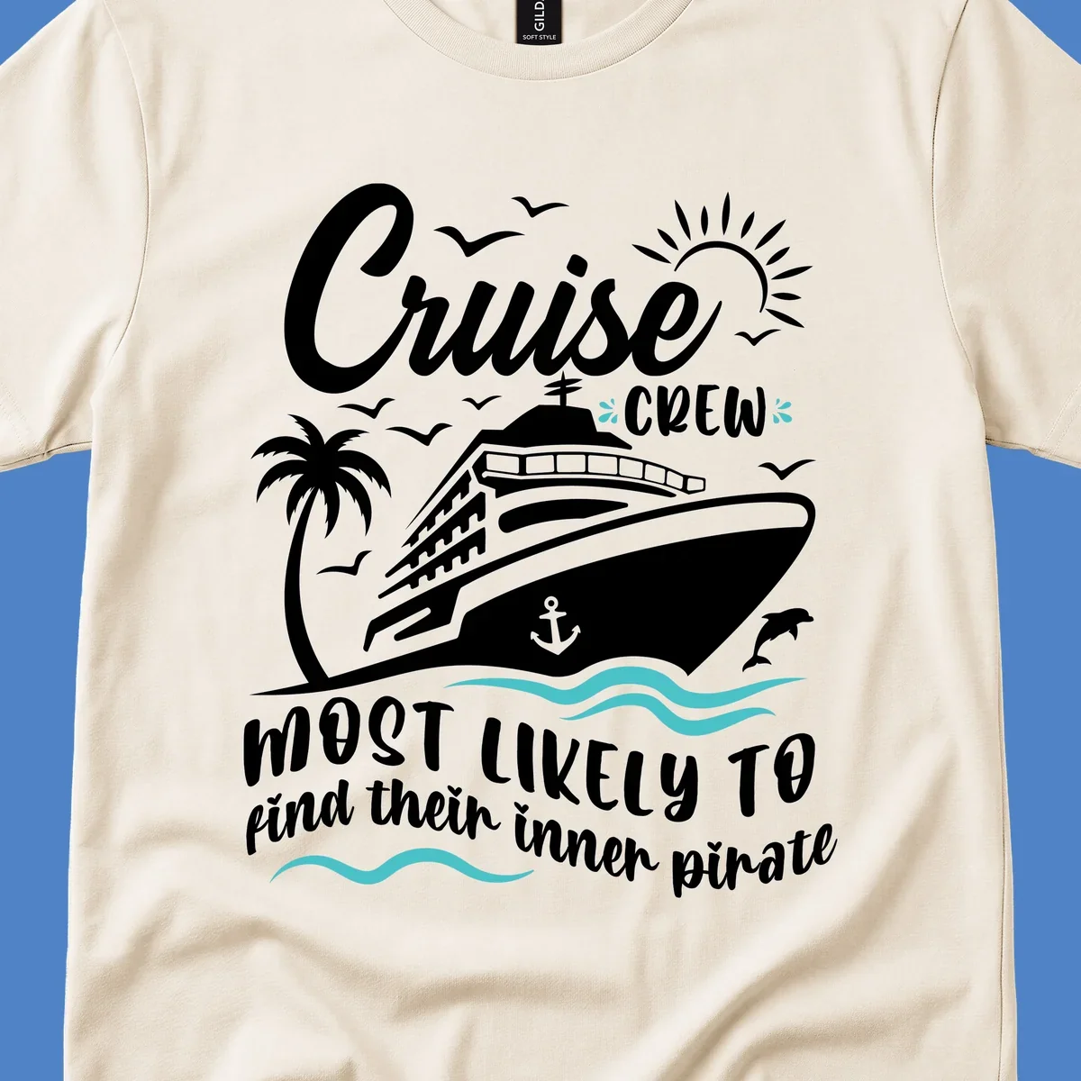 Cruise crew inner pirate design with ship, ocean waves, palm tree, and playful nautical text on gray background