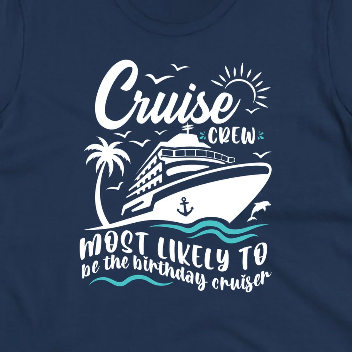 Cruise crew birthday superlative design with illustrated ship, palm trees, seagulls, and ocean waves on gray background