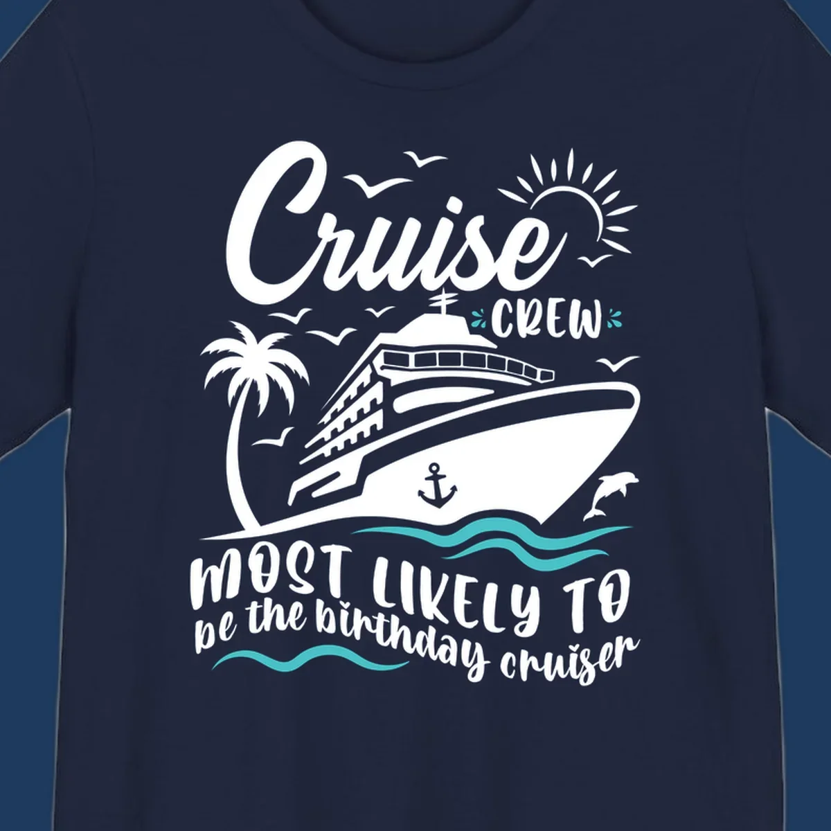 Cruise crew birthday superlative design with illustrated ship, palm trees, seagulls, and ocean waves on gray background
