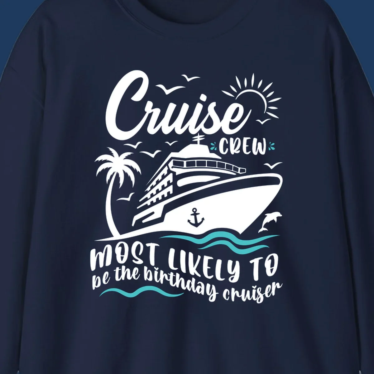 Cruise crew birthday superlative design with illustrated ship, palm trees, seagulls, and ocean waves on gray background