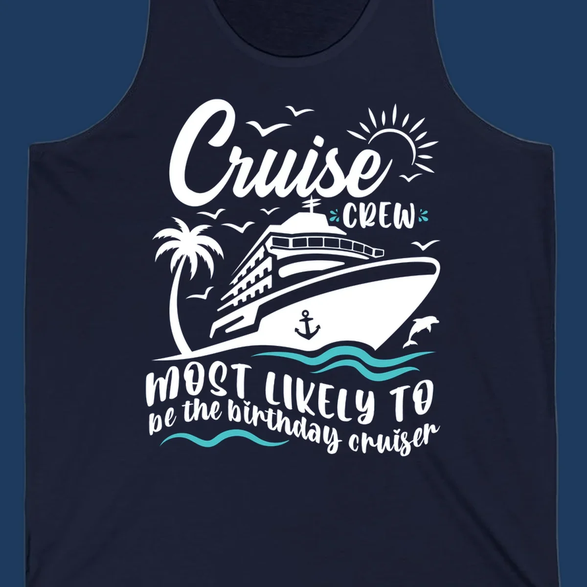 Cruise crew birthday superlative design with illustrated ship, palm trees, seagulls, and ocean waves on gray background