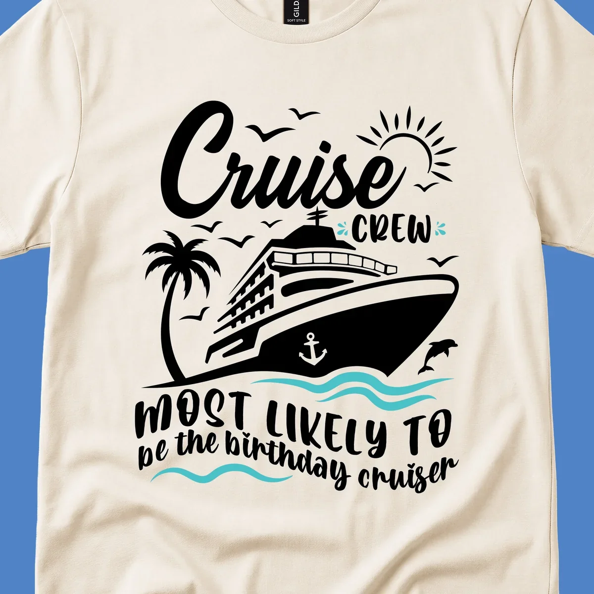 Cruise crew birthday superlative design with illustrated ship, palm trees, seagulls, and ocean waves on gray background