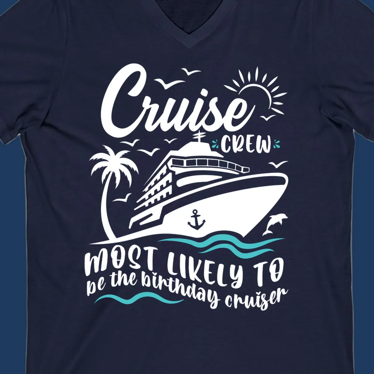 Cruise crew birthday superlative design with illustrated ship, palm trees, seagulls, and ocean waves on gray background