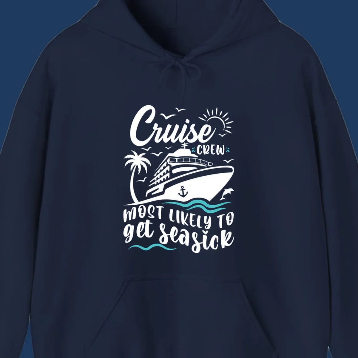 Illustrated cruise ship with palm tree, sun, and ocean waves design with text 'Cruise Crew Most Likely To Get Seasick' for funny vacation apparel