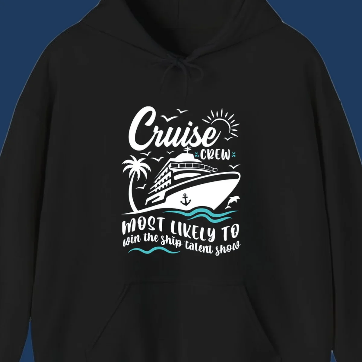 Cruise ship surrounded by palm tree, sun, seagulls, and ocean waves with text reading 'Cruise CREW most likely to win the ship talent show'
