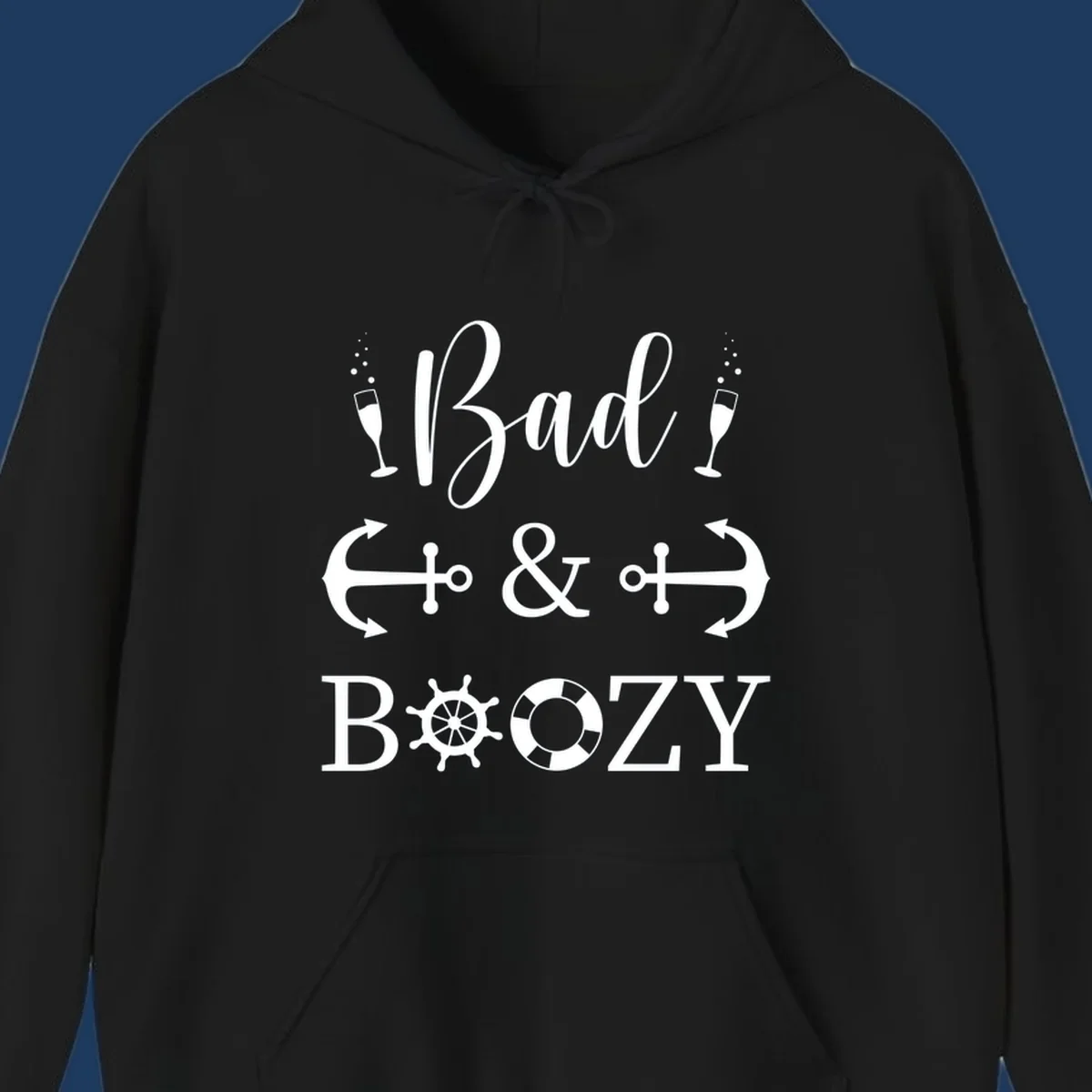 Bad and Bozy nautical cruise design with champagne flutes, ship anchors, arrows, ship wheel and life preserver on gray background