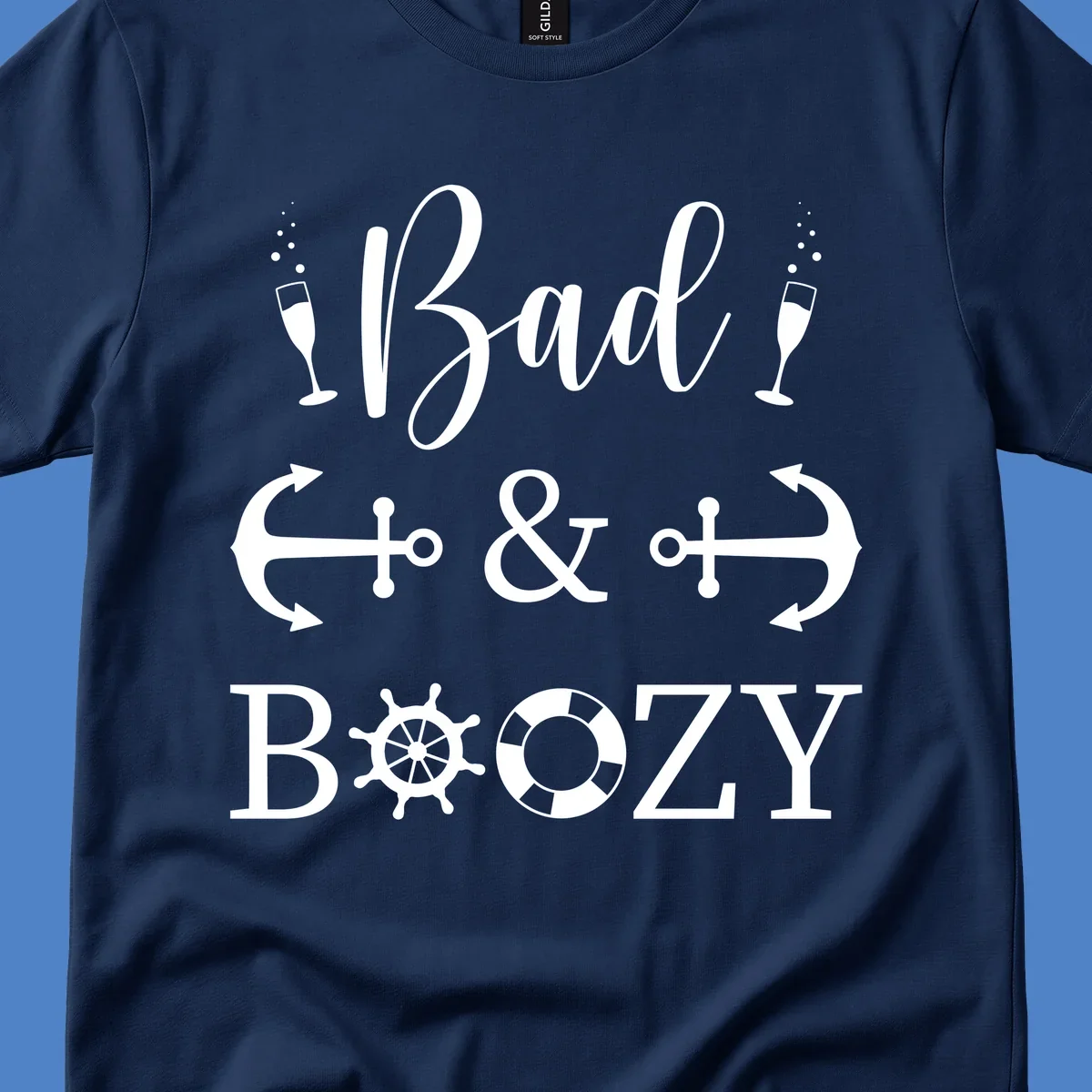 Bad and Bozy nautical cruise design with champagne flutes, ship anchors, arrows, ship wheel and life preserver on gray background