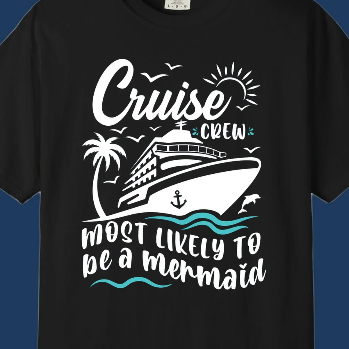 Cruise crew mermaid design with ship, palm tree, sun, seagulls, and anchor on gray background with white and teal accents