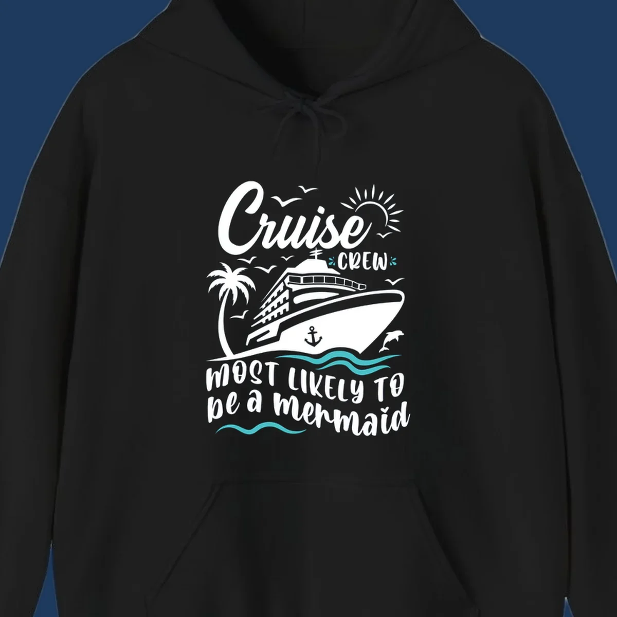 Cruise crew mermaid design with ship, palm tree, sun, seagulls, and anchor on gray background with white and teal accents