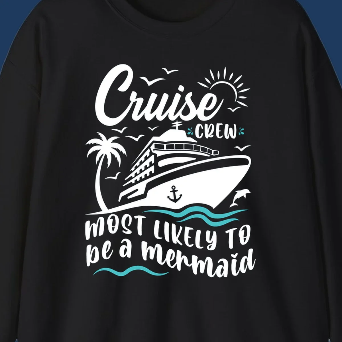 Cruise crew mermaid design with ship, palm tree, sun, seagulls, and anchor on gray background with white and teal accents