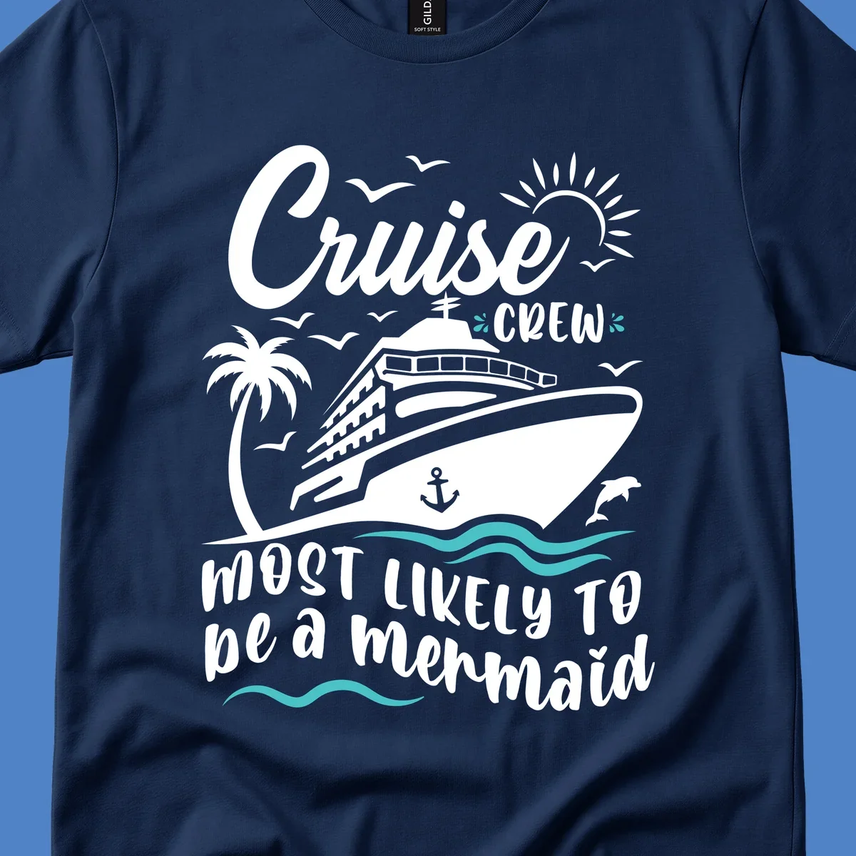 Cruise crew mermaid design with ship, palm tree, sun, seagulls, and anchor on gray background with white and teal accents