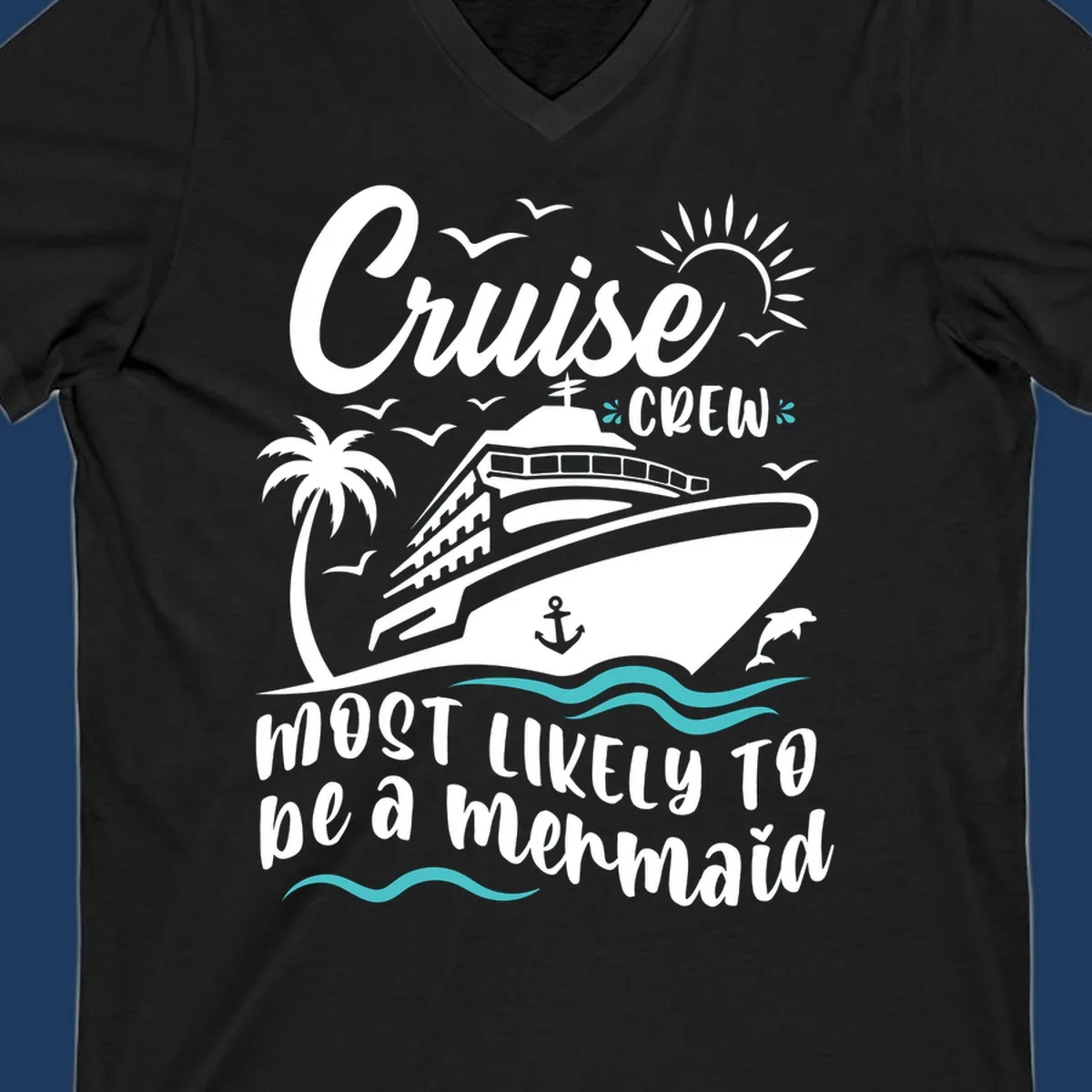 Cruise crew mermaid design with ship, palm tree, sun, seagulls, and anchor on gray background with white and teal accents