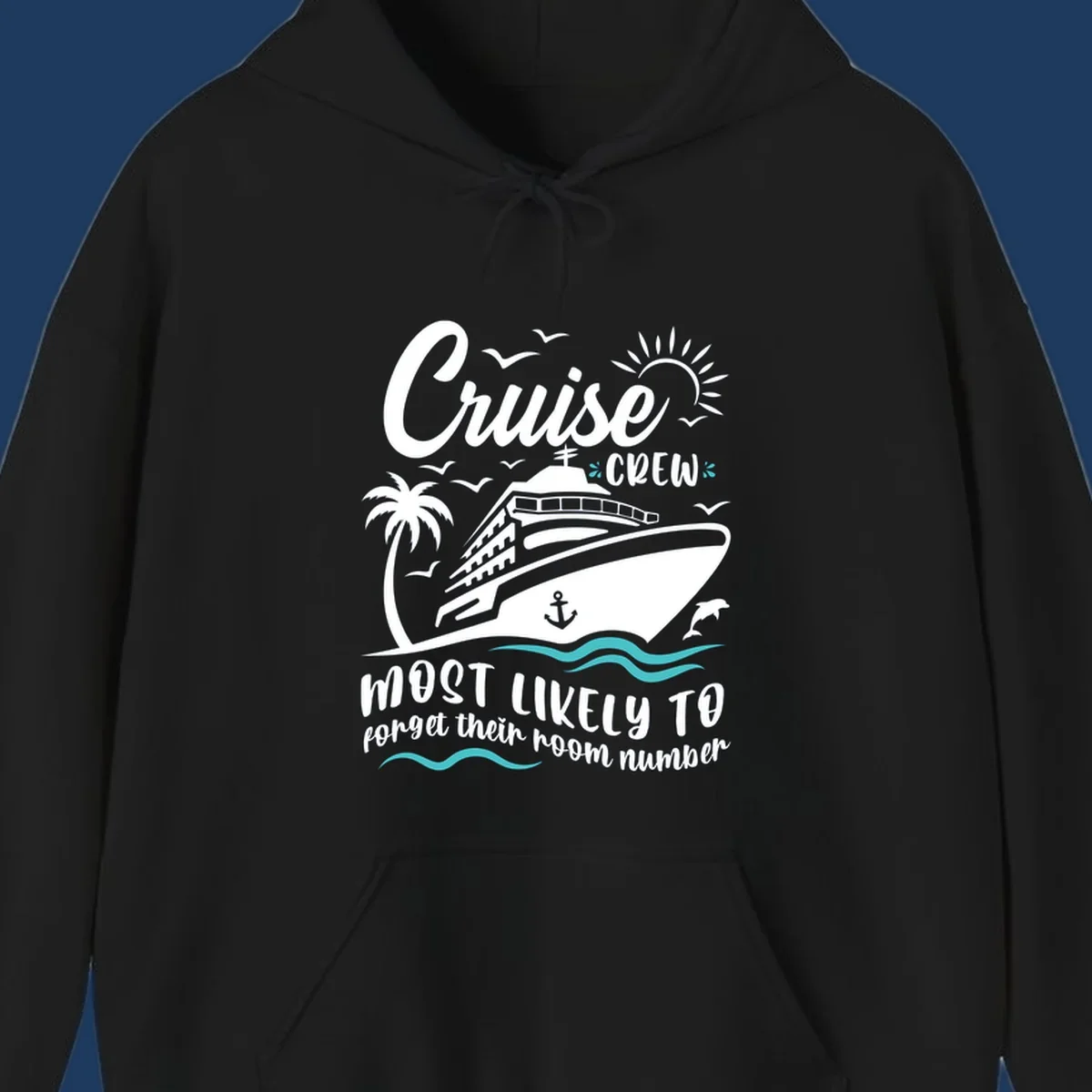Cruise crew room number design with ship, palm tree, sun, waves, and seagulls on gray background