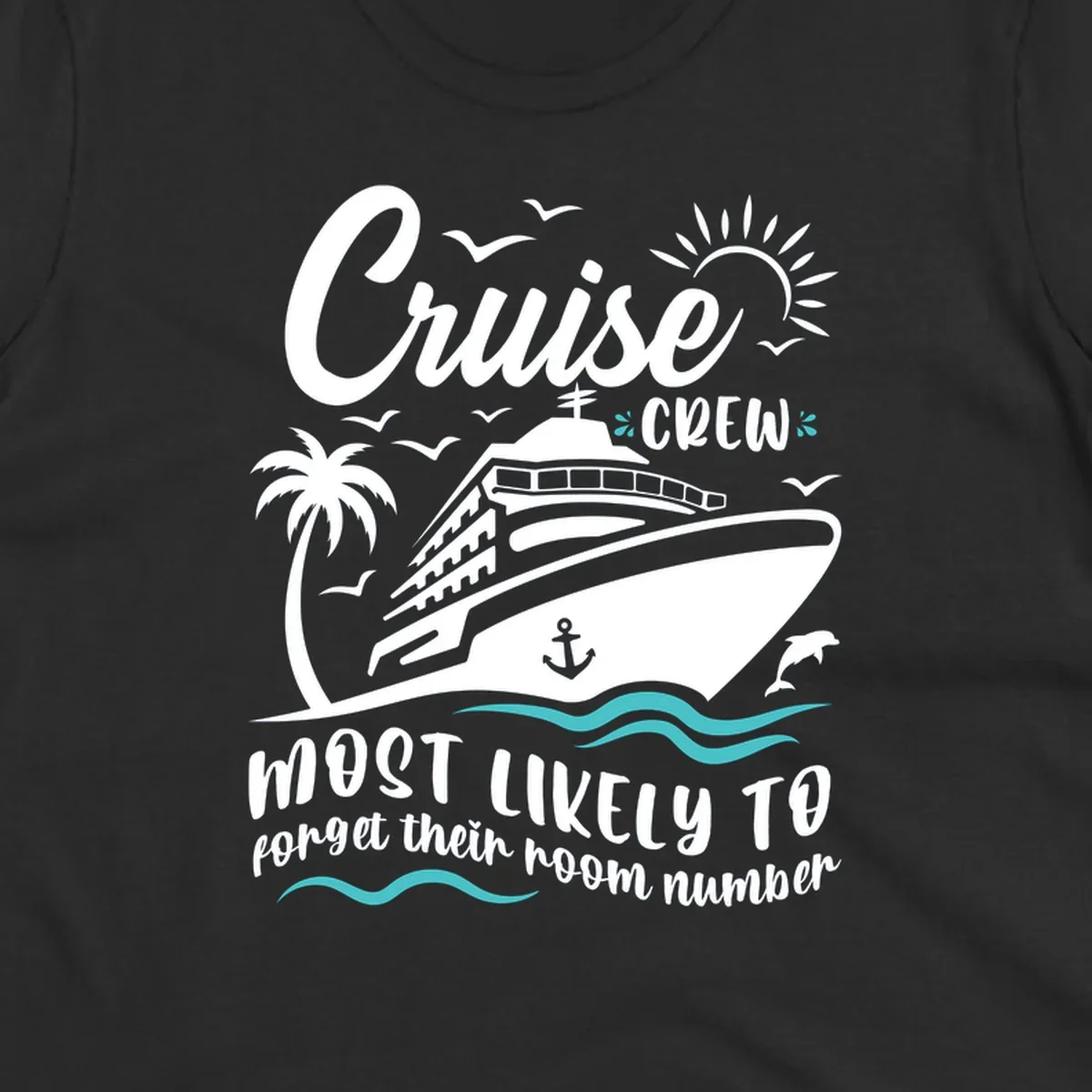 Cruise crew room number design with ship, palm tree, sun, waves, and seagulls on gray background