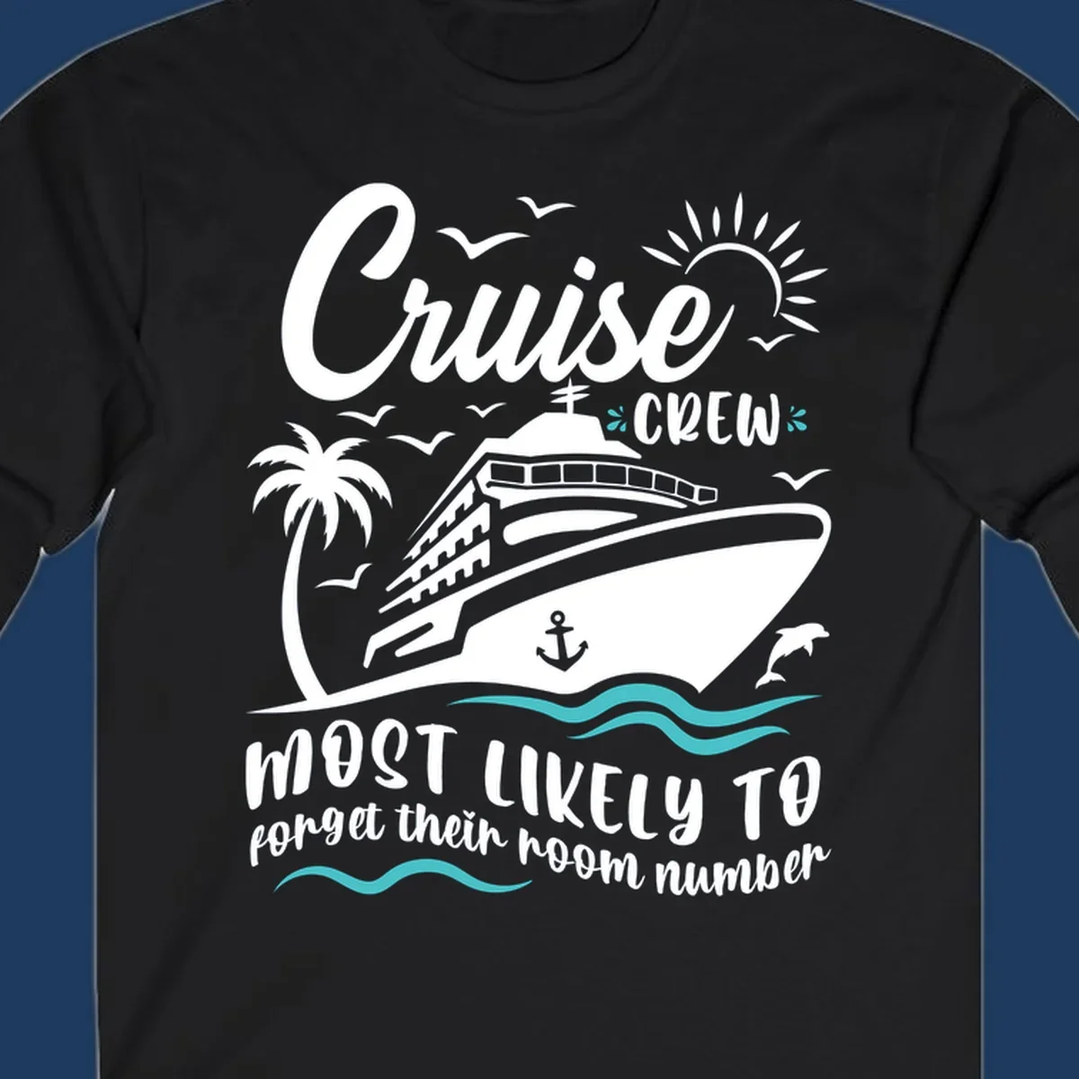 Cruise crew room number design with ship, palm tree, sun, waves, and seagulls on gray background