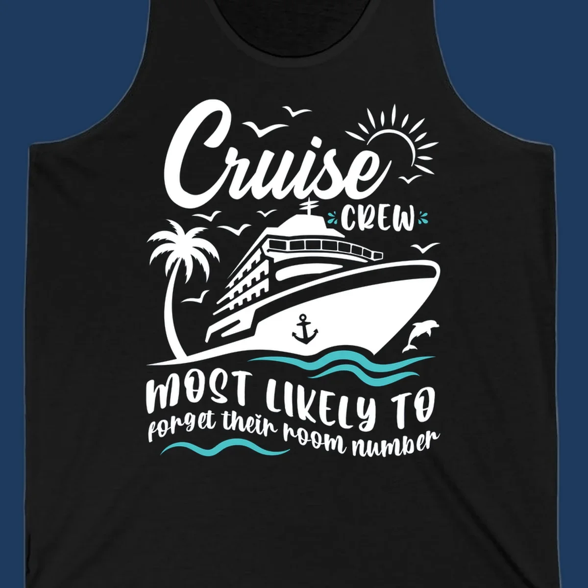 Cruise crew room number design with ship, palm tree, sun, waves, and seagulls on gray background