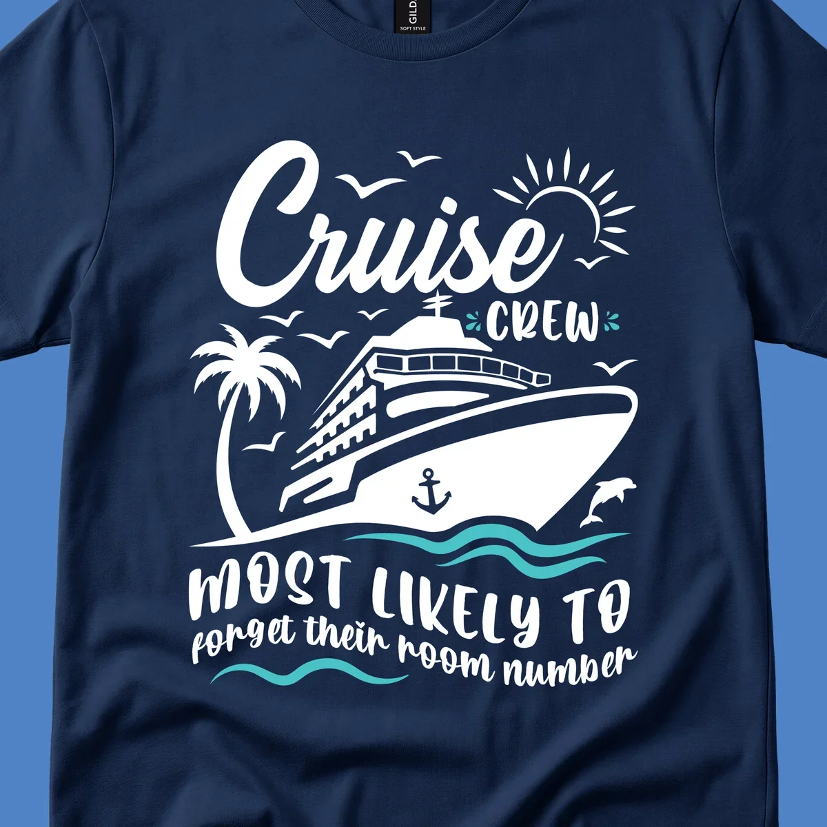 Cruise crew room number design with ship, palm tree, sun, waves, and seagulls on gray background