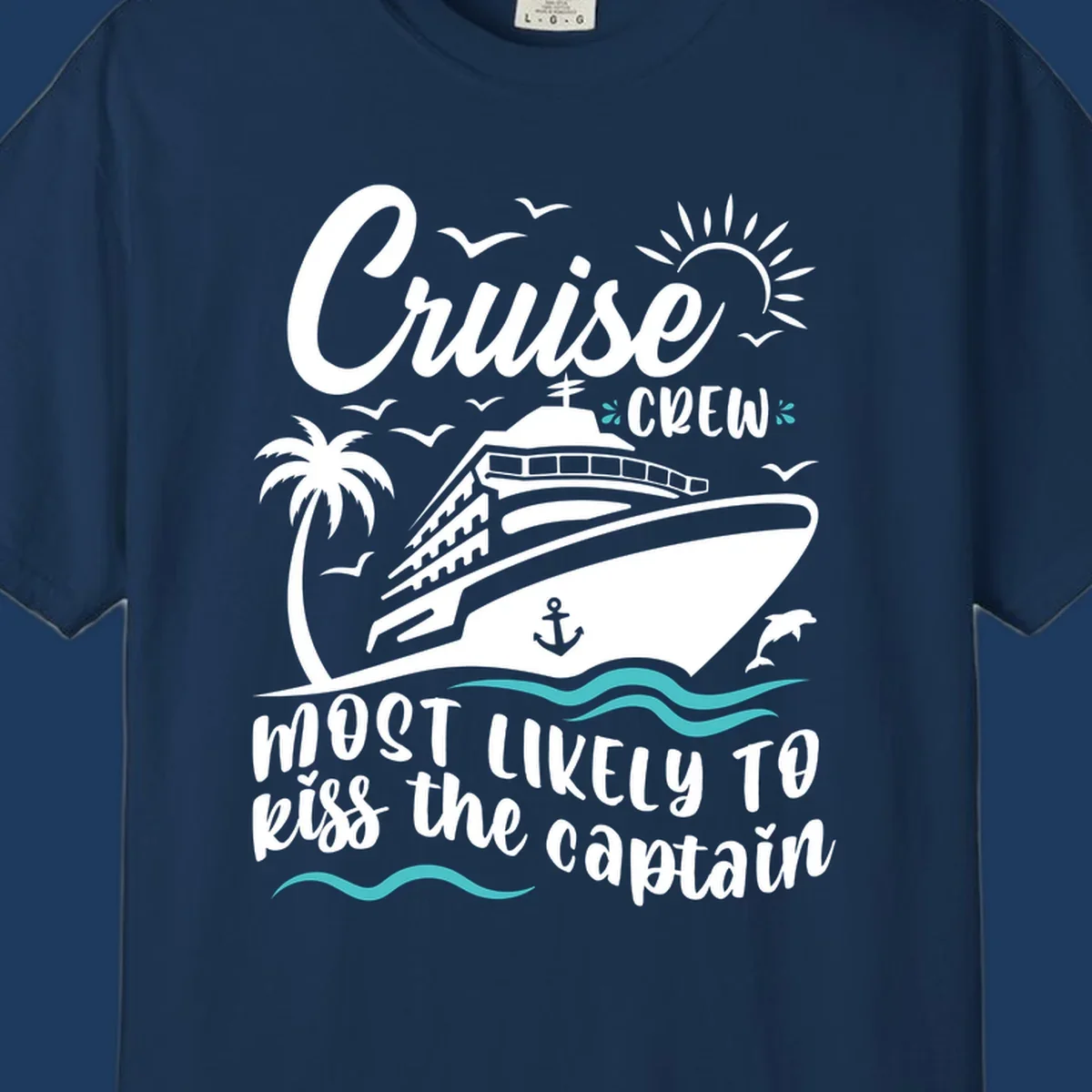 Cruise crew captain design with ship, palm tree, dolphins, sun, and ocean waves on gray background