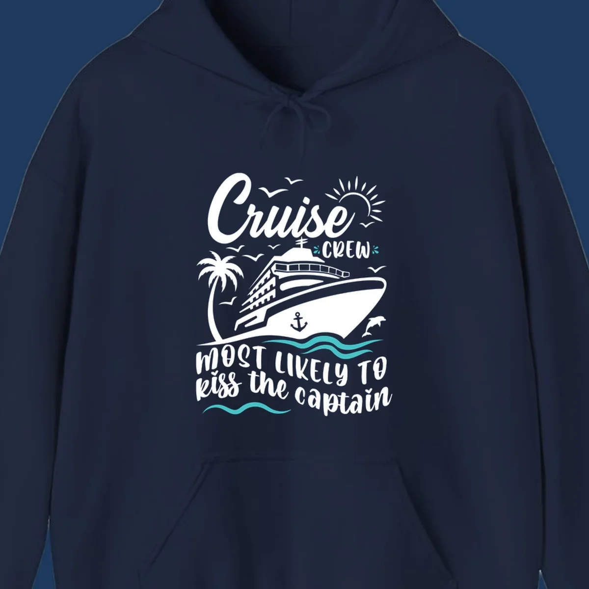 Cruise crew captain design with ship, palm tree, dolphins, sun, and ocean waves on gray background