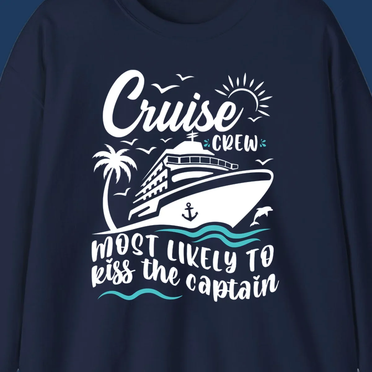 Cruise crew captain design with ship, palm tree, dolphins, sun, and ocean waves on gray background