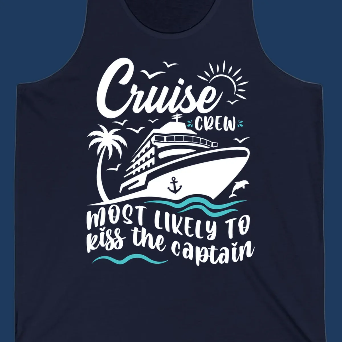 Cruise crew captain design with ship, palm tree, dolphins, sun, and ocean waves on gray background