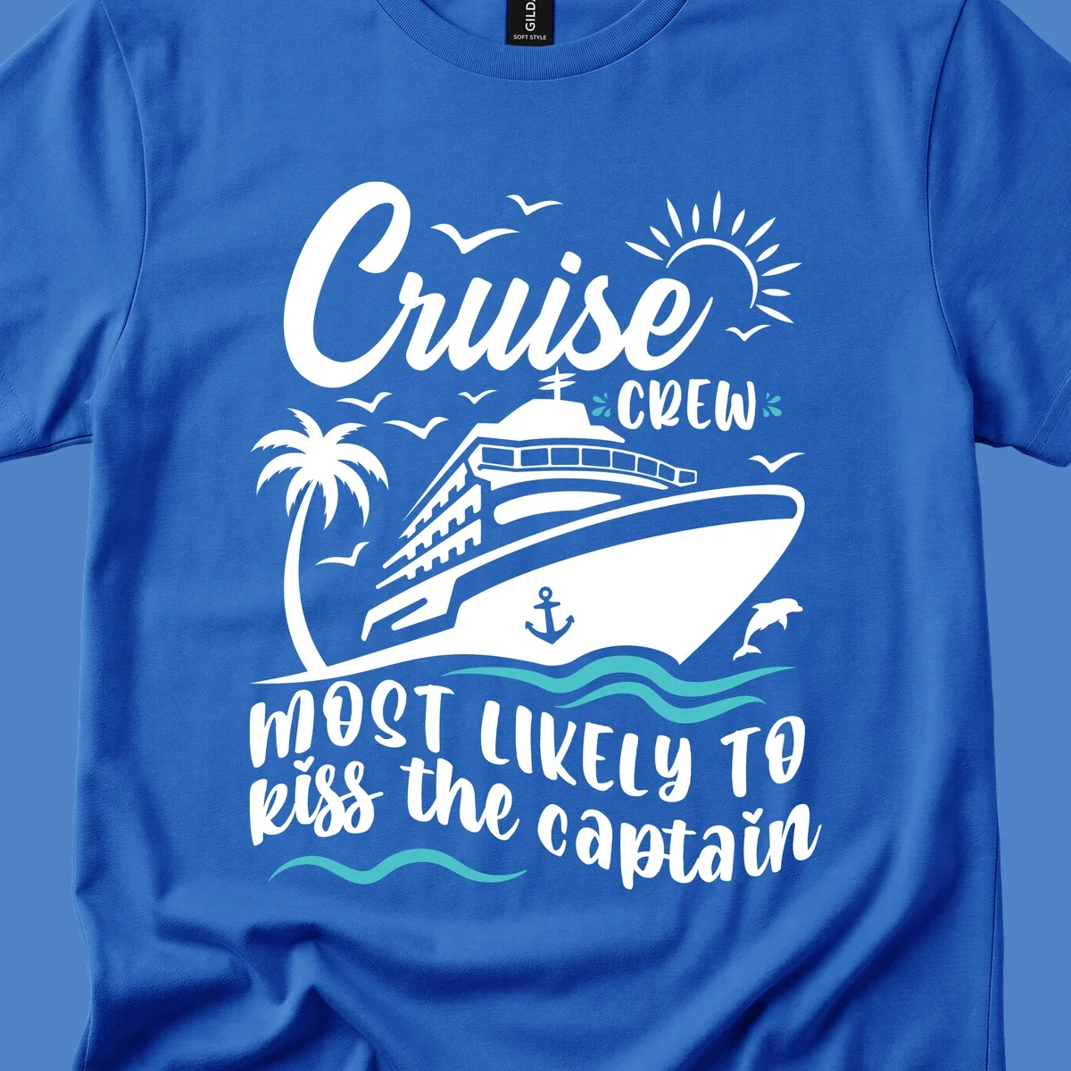 Cruise crew captain design with ship, palm tree, dolphins, sun, and ocean waves on gray background