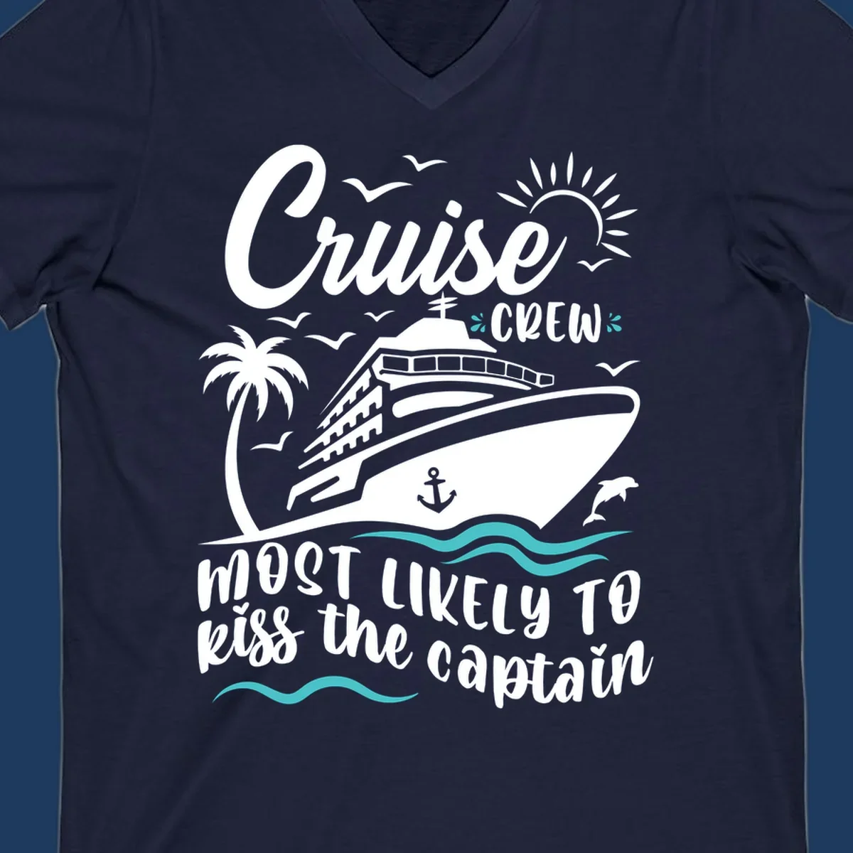 Cruise crew captain design with ship, palm tree, dolphins, sun, and ocean waves on gray background