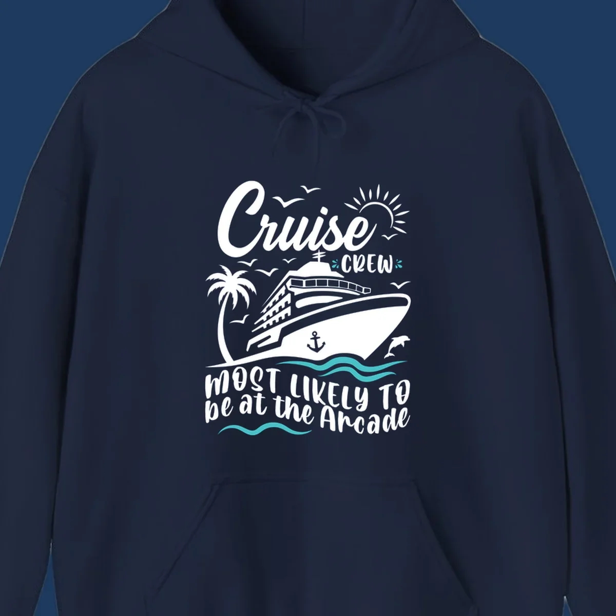Cruise ship illustration with palm tree, sun, seagulls, and ocean waves; text reads 'Cruise Crew Most Likely To be at the Arcade'