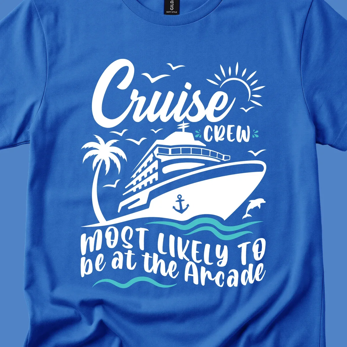 Cruise ship illustration with palm tree, sun, seagulls, and ocean waves; text reads 'Cruise Crew Most Likely To be at the Arcade'